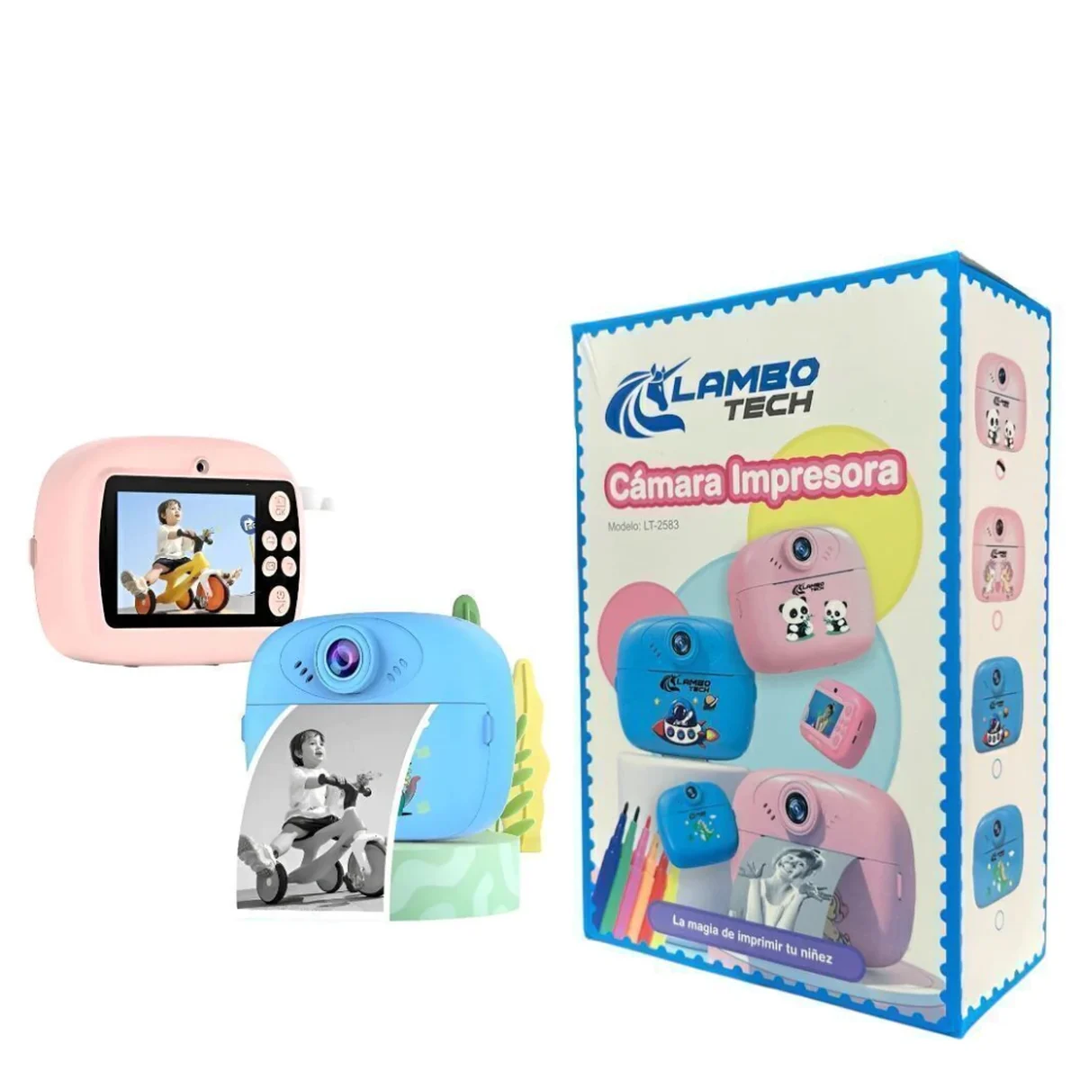 Cámara instantánea infantil Lambo Tech celeste y rosa con su caja