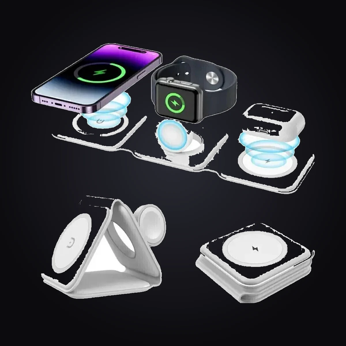Cargador inalámbrico 3 en 1 blanco plegable cargando celular, reloj y auriculares