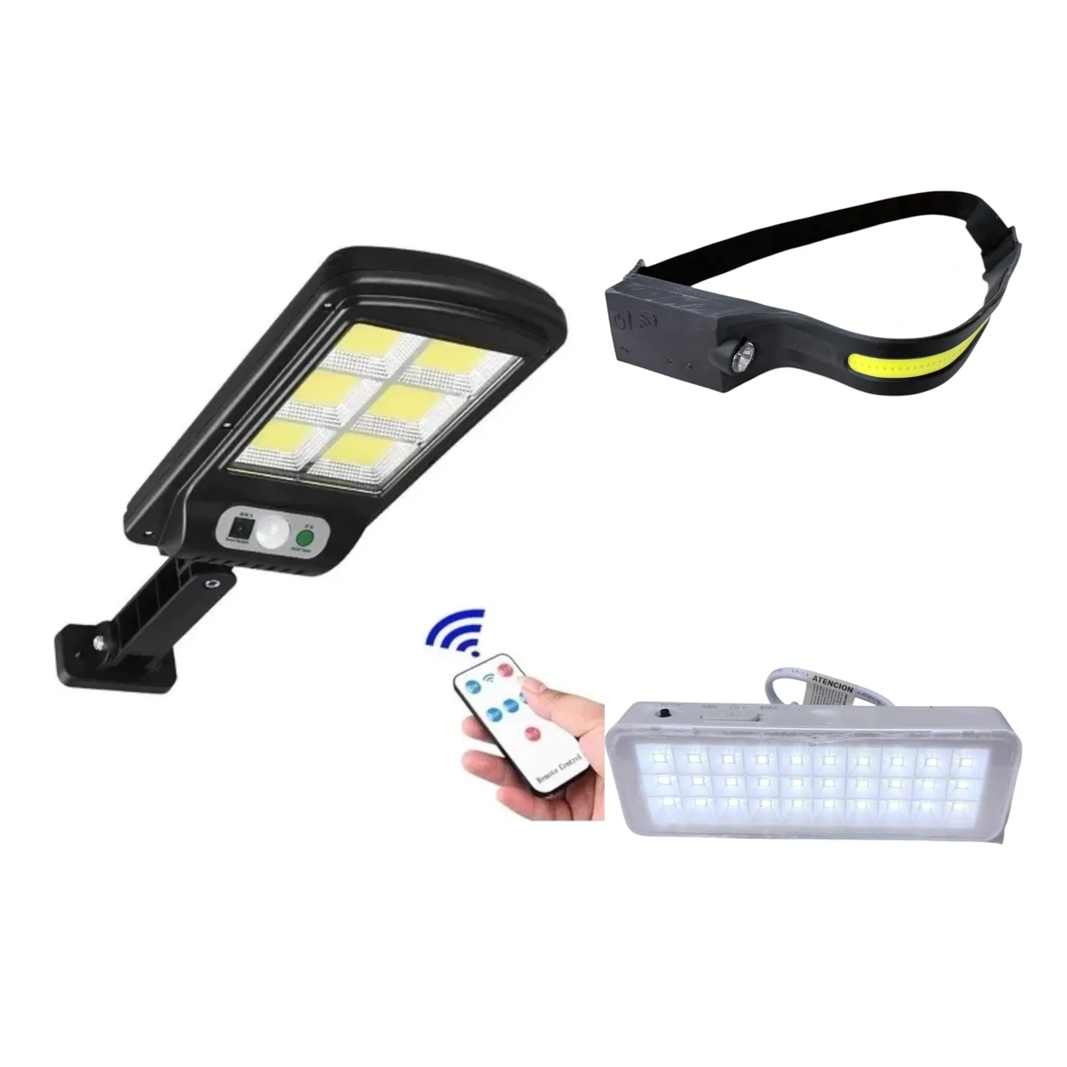 Reflector solar con control, linterna de cabeza y luz de emergencia