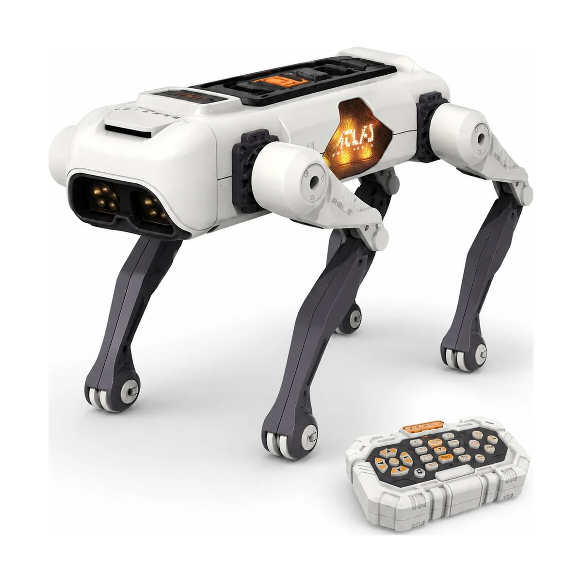 Perro robot Atlas blanco de 4 patas con su control remoto