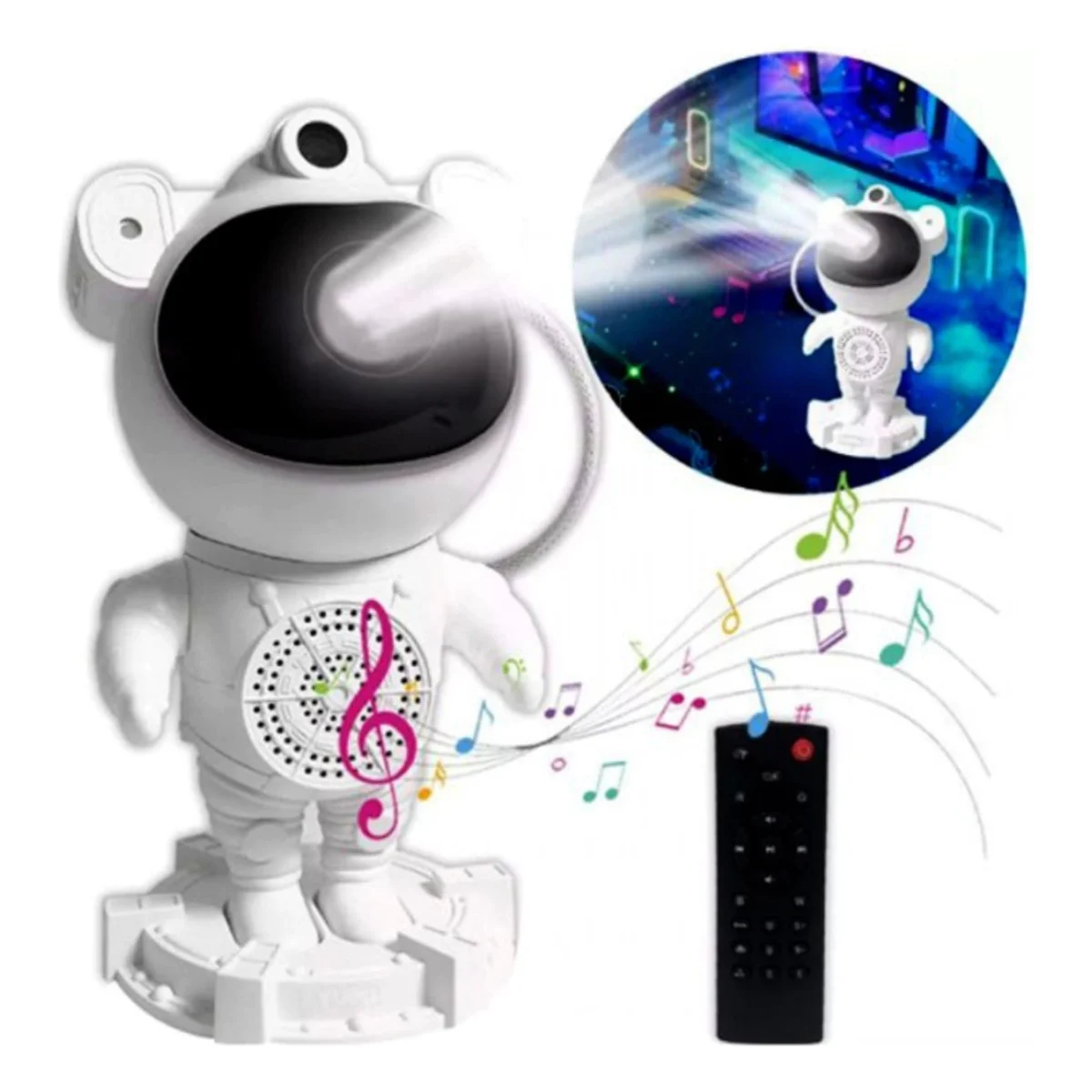 Proyector astronauta blanco con parlante Bluetooth y control remoto